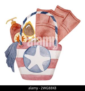 Illustration vectorielle dessinée à la main d'Un sac de plage avec palmes et crème solaire est Un Clipart d'été parfait Illustration de Vecteur