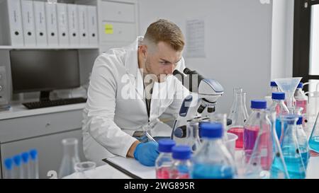 Un jeune homme caucasien avec une barbe travaille avec diligence dans un laboratoire, analysant des échantillons au microscope. Banque D'Images