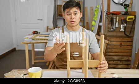 Un jeune homme asiatique travaille dans un atelier de menuiserie, faisant preuve d'artisanat, de compétence et de dévouement. Banque D'Images