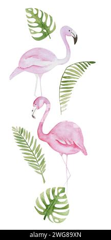 La composition d'aquarelle peinte à la main de Flamingos et de feuilles tropicales rend parfait Clipart d'été Banque D'Images