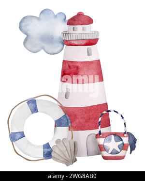 Aquarelle peinte à la main d'Un phare et Lifebuoy rend parfait Clipart d'été Banque D'Images