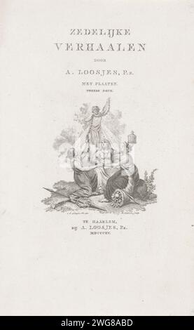 Page de titre pour : A. Loosjes, 'histoires morales', 1815, Reinier Vinkeles (I), d'après Adriaan Pietersz. Loosjes, 1815 imprimeur : Amsterdamafter design by : Haarleméditeur : Haarlem gravure sur papier / gravure 'Cornucopia', Horn of Plenty. soleil comme corps céleste Banque D'Images