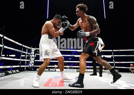 Ben Whittaker (à droite) en action contre Khalid Graidia dans le combat poids-lourds à l'OVO Arena Wembley, Londres. Date de la photo : Samedi 3 février 2024. Banque D'Images