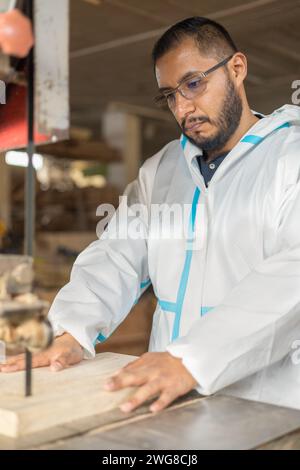 homme travaillant sur la scie à bois portant un costume de protection, intérieur de menuiserie avec des machines industrielles, lieu de travail et occupation artisanale, équipement moderne Banque D'Images