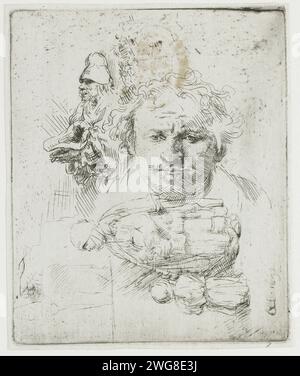 Feuille d'études, avec un autoportrait, un mendiant, et une femme et un enfant, Rembrandt van Rijn, 1651 gravure sur papier commence Banque D'Images