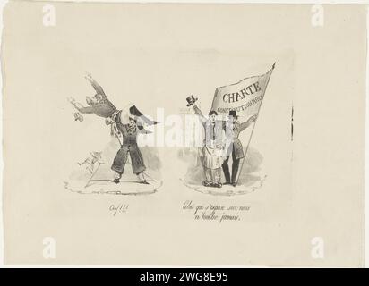 Guillaume Ier tombe alors que les Belges restent debout, ca. 1830, Anonyme, 1830 - 1831 imprimer Cartoon de ca. 1830 dans lequel à gauche l'éditeur Libri tente en vain de porter le roi Guillaume Ier sur ses épaules, mais il tombe. A droite deux citoyens belges avec la bannière "Charte constitutionnelle", la légende indique qu'ils ne tomberont pas. Belgique papier l'ancien gouvernement et ses partisans (après la révolution). gouvernement révolutionnaire. porter une personne sur le dos Banque D'Images