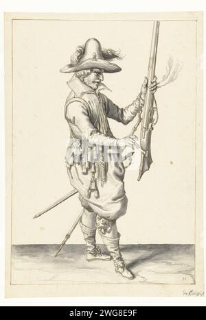 Soldat qui tient son mousquet droit de la main gauche, Jacques de Gheyn (II), 1596 - 1606 dessin dessin conception d'une estampe. papier. stylo à encre / brosse manipulation des armes  formation militaire Banque D'Images