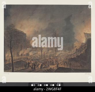 Lodewijk Napoléon visite les ruines sur le Rapenburg à Leiden après l'explosion du bateau de poudre le 12 janvier 1807, 1807 - 1809 dessin le roi Lodewijk Napoléon visite les ruines sur le Steenchuur, un canal dans le prolongement de Rapenburg, a Leiden dans la soirée après l'explosion du bateau de poudre le 12 janvier 1807. Le roi porte un enfant sur les bras. Voir aussi la poignée de commande. Papier néerlandais. aquarelle (peinture). Catastrophe de poudre à canon de brosse de craie à conduire. Rapenburg. Hangar Banque D'Images