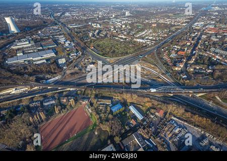 Luftbild, Autobahnkreuz Herne Großbaustelle, Autobahn A43 und Autobahn A42, Baukau-West, Herne, Ruhrgebiet, Rhénanie-du-Nord-Westphalie, Deutschland ACHTUNGxMINDESTHONORARx60xEURO *** vue aérienne, jonction de l'autoroute Herne grand chantier, autoroute A43 et autoroute A42, Baukau Ouest, Herne, région de la Ruhr, Rhénanie du Nord-Westphalie, Allemagne ATTENTIONxMINDESTHONORARx60xEURO Banque D'Images