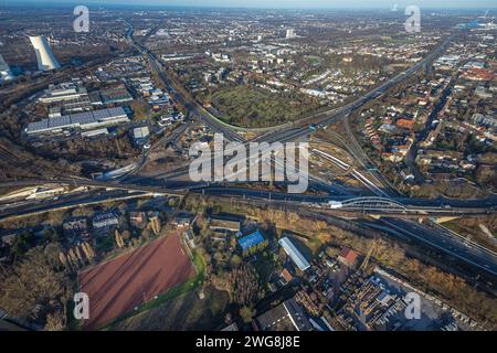 Luftbild, Autobahnkreuz Herne Großbaustelle, Autobahn A43 und Autobahn A42, Baukau-West, Herne, Ruhrgebiet, Rhénanie-du-Nord-Westphalie, Deutschland ACHTUNGxMINDESTHONORARx60xEURO *** vue aérienne, jonction de l'autoroute Herne grand chantier, autoroute A43 et autoroute A42, Baukau Ouest, Herne, région de la Ruhr, Rhénanie du Nord-Westphalie, Allemagne ATTENTIONxMINDESTHONORARx60xEURO Banque D'Images