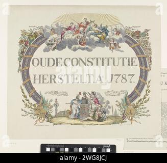 Allégorie sur la restauration du stadholder, 1787 (coloré), Jan Gerritsz. Visser, d'après Antoni Zürcher, 1787 imprimer allégorie à la restauration du Stadholder Willem V en 1787 par l'intervention des troupes prussiennes. Inscription calligraphique avec vignettes allégoriques. Au sommet pour le soleil radieux est la justice avec prudence et paix. Corne à gauche et à droite de l'abondance d'où les fruits et les richesses coulent. En bas une vignette avec la liberté et le temps du père. L'impression comprend une déclaration. Nord des pays-Bas gravure sur papier / gravure Freedom, Liberty ; 'LibertÃ ' (Ripa) (+ abstract c Banque D'Images