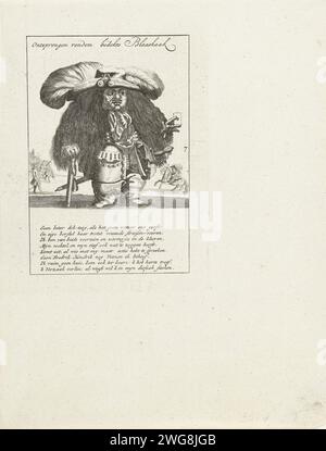 Caricature de Dwarf et de Windhandel, 1720, 1770 - 1780 imprimer Dwarf comme un officier avec un grand chapeau de plume et une carte à jouer à la main. Caricature de figures dans le commerce du vent, avec une référence dans la légende à Vianen. Numéroté 7. Imprimé à partir d'une grande plaque sur laquelle les quatre représentations sont numérotées 5-8 gravées. Copie à imprimer 29/7 dans la série The Great Scene of Foolishness avec des dessins animés sur le commerce du vent ou le commerce de l'action de 1720. Nord des pays-Bas papier gravure de petites personnes. Caricatures (types humains) Vianen Banque D'Images