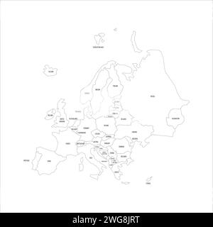 Carte politique de l'Europe. Carte de contour noir mince avec étiquettes de nom de pays sur fond blanc. Projection ortographique. Illustration vectorielle Illustration de Vecteur