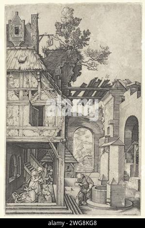 La naissance du Christ, Johannes Wierix, d'après Albrecht Dürer, 1566 estampe Maria vénère l'enfant Christ dans le portail d'une maison abandonnée. Dans la cour, Jozef verse l'eau d'un puits dans une cruche. La proclamation peut être vue sur les bergers en arrière-plan. Anvers gravure sur papier Marie, Joseph et le Christ nouveau-né (Nativité) Banque D'Images