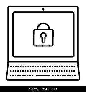 Icône vectorielle de ligne noire de sécurité PC, ordinateur avec serrure, pictogramme de cyber protection Illustration de Vecteur