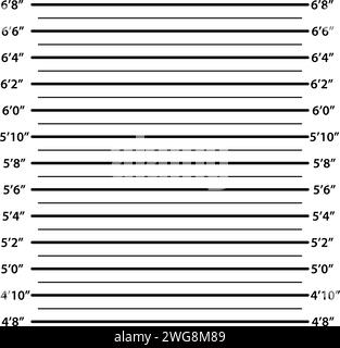 Affiche Mugshot avec échelle ft, pieds. Crime suspect par la police, photo de la prison zone mugshot, mur de photos pendant l'arrestation et l'identification, échelle de hauteur, envie Illustration de Vecteur