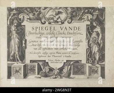 Page de titre ornementale avec Minerve et Cérès, Zacharias Dolendo (attribué à), d'après Jacques de Gheyn (II), 1606 estampe cartouche avec le titre flanqué de la déesse Minerve à gauche, avec bouclier, lance et hibou, et par la déesse Cérès à droite, avec faucille et corne d'abondance. Au milieu d'un cartouche le cheval ailé Pegasus et les muses. Gravure sur papier Amsterdam (histoire de) Minerva (Pallas, Athéna). (Histoire de) Ceres (Demeter). Pegasus, le cheval ailé. (Histoire des) Muses ; 'Muse' (Ripa). ornements  art Banque D'Images