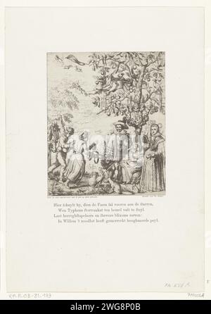 Allégorie à la naissance de Willem II, 1626, 1800 - 1899 imprimer allégorie à la naissance de Willem II, 27 mai 1626. Frederik Hendrik et Amalia van Solms se tenant de part et d'autre d'un Oranjeboom au pied duquel le jeune prince est aspiré. Un fermier joue sur la cornemuse et la femme d'un fermier offre des cadeaux. Dans l'arbre Mercure. Sous l'impression un verset de quatre lignes. Festivités publiques du journal néerlandais à la naissance des personnes royales. infirmière humide Banque D'Images