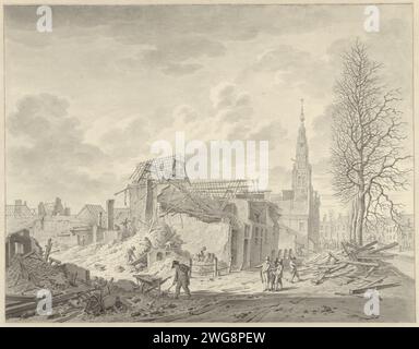 Vue de Rapenburg à Leiden après la catastrophe de la poudre à canon du 12 janvier 1807, Leendert Overbeek, 1807 le lieu de la catastrophe était le Steenchuur, un canal dans le prolongement de Rapenburg. papier. encre. crayon stylo / pinceau événements historiques et situations. catastrophe de la poudre à canon. Vue sur la ville et paysage avec des constructions artificielles à mener. Rapenburg. Hangar Banque D'Images