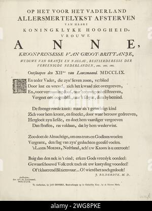 Poème sur la mort de la princesse Anna, 1759, feuille de texte de 1759. Poème feuille de texte avec sonnet sur la mort de la princesse Anna le 12 janvier 1759. Impression typographique sur papier Amsterdam Banque D'Images