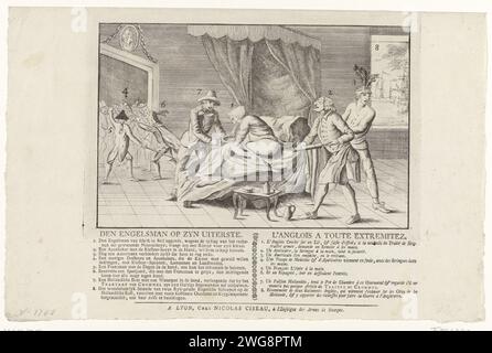 Dessin animé sur les Anglais, ca. 1780, anonyme, 1780 imprimer Cartoon sur les Anglais en 1780. Un Anglais, peut-être le roi George III, est malade au lit. Un pharmacien se prépare à donner un lavage au roi avec un spray de nuage, mais est arrêté par un américain. Le Néerlandais tient un pot dans lequel l'Anglais tombe en panne. Sur le magazine sous la plaque la déclaration des chiffres 1-18 en néerlandais et en français. Nord des pays-Bas gravure sur papier / gravure / impression typographique enema, squirt. vomissements. Quatrième guerre anglo-néerlandaise Banque D'Images