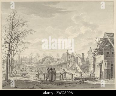 Vue de Rapenburg à Leiden après la catastrophe de la poudre à canon du 12 janvier 1807, Leendert Overbeek, 1807 le lieu de la catastrophe était le Steenchuur, un canal dans le prolongement de Rapenburg. papier. encre. crayon stylo / pinceau événements historiques et situations. catastrophe de la poudre à canon. Vue sur la ville et paysage avec des constructions artificielles à mener. Rapenburg. Hangar Banque D'Images