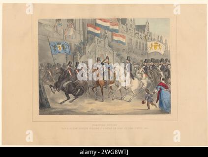 Entrée du roi Guillaume II à Leiden, 1841, 1841 imprimer entrée du roi Guillaume II à Leiden, 1 juin 1841. Le roi à cheval accompagné d'une garde honoraire avec deux banderoles arrive à la mairie de la Breestraat à Leiden. Leiden paper entrée triomphale et réception publique, concours, 'entrée solennelle', 'entrée joyeuse'. Festivités publiques lors d'autres événements royaux, non destinés ou mentionnés ci-dessus pour mener. Breestraat. Mairie Banque D'Images