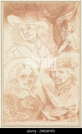 Portraits de Leonard Bramer, Jan Davidsz. De Heem et un artiste inconnu, Jacob Houbraken, 1708 - 1780 dessin conception pour une estampe. papier. craie personnes historiques. portrait, autoportrait d'artiste. portrait, autoportrait de peintre Banque D'Images