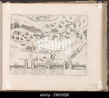 Les Espagnols dans le Bommelerwaard, 1585, 1587 - c. 1591 estampe les Espagnols échoués dans le Bommelerwaard, 22 décembre 1585 (sur l'estampe mal datée en 1586). Vue depuis les murs de la ville de 's-Hertogenbosch sur le Bommelerwaard inondé où les soldats espagnols ont été bloqués. Le salut de ces soldats par le comte de Mansfeld est également connu sous le nom de 'The Wonder van Empel'. Avec légende de 12 lignes en allemand. Nummered en bas à gauche : 230. L'impression fait partie d'un album. Bataille de gravure de papier Cologne, combattant en général Den Bosch. Bommelerwaard Banque D'Images