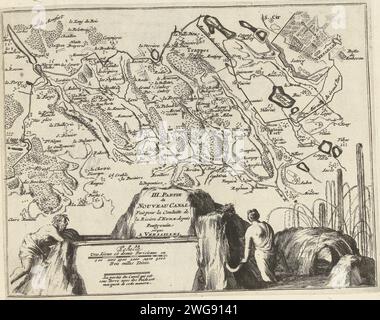 Plan du nouveau chenal de Pontgouin à Versailles (partie III), ca. 1693-1696, 1693 - 1696 imprimer carte du nouveau canal qui conduit l'eau de la rivière Eure de Pontgouin à Versailles (partie III), ca. 1693-1696. Avec la nymphe de l'eau et le dieu de la rivière à une source. Partie de la cinquième partie (1696) de l'ouvrage dans lequel les huit parties des Forces de l'Europe sont publiées entre 1693 et 1697. L’œuvre imprimée est composée de 175 planches avec des plans (de Sébastien le Prestre, Seigneur de Vauban) de villes fortes et de forteresses renommées de la guerre de neuf ans. Titre et inscriptions en français. Imprimeur : FRA Banque D'Images