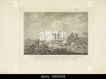 Le prince d'Orange est blessé lors de la bataille de Waterloo, 1815, anonyme, 1815 imprimer Willem Frederik George, prince d'Orange, a été touché par une balle française lors de la bataille de Waterloo le 18 juin 1815. Combats intenses à gauche et en arrière-plan, quelques officiers à cheval. Voir aussi la poignée de commande. Bataille de gravure de papier pays-Bas (+ forces terrestres) Waterloo Banque D'Images