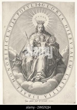 Couronnée Marie avec l'enfant Christ sur de Maanskikkik, Johann Sadeler (i), 1595 imprimer la Vierge Marie est assise sur la lune avec l'enfant Christ sur ses genoux. Maria porte une couronne avec des étoiles et l'enfant Christ a une pomme riche dans sa main. En ovale avec bord. München papier gravure Madonna (c'est-à-dire Marie avec le Christ-enfant) dans l'air, ou sur les nuages. Madone sur le croissant de lune (parfois appelée Reine du ciel) (en mandorla) Banque D'Images