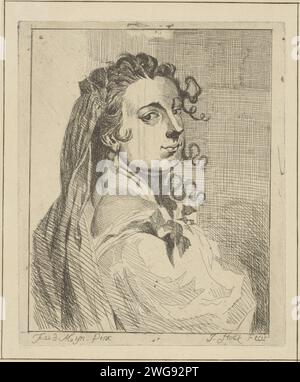 Portrait d'une femme inconnue, Jan Stolker, d'après Frans van der Mijn, 1734 - 1785 print Portrait d'une femme inconnue avec un voile dans les cheveux et une boucle d'oreille dans l'oreille. Elle regarde par-dessus son épaule droite. Boucles d'oreilles décapage papier néerlandais. voile. Regardant par-dessus l'épaule - AA - figure humaine féminine Banque D'Images