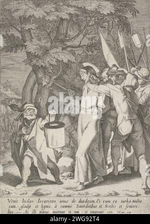 Collection du Christ, Pieter de Jode (I), d'après Andrea Boscoli, 1590 - 1632 imprimer Christ est capturé dans la cour de Getsémane par des soldats qui se rassemblent autour de lui avec Hellebaarden et lanternes. Il est enchaîné autour du cou. En arrière-plan, Simon Pierre a éteint l'oreille droite de l'esclave Malchus avec une épée. Dans la marge, une légende à trois faces en latin. Imprimer à partir d'une série de quinze avec la passion du Christ. Italie gravure sur papier / gravure l'arrestation du Christ  jardin de Gethsémani. Pierre tire son épée et coupe l'oreille de Malchus Banque D'Images