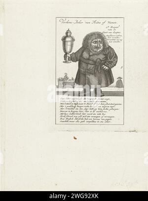 Caricature de Dwarf et de Windhandel, 1720, 1770 - 1780 imprimer Dwarf en robe de chambre avec une grande tasse. Caricature de figures dans le commerce du vent, avec une référence dans la légende à Vianen. Nummered 5. Imprimé à partir d'une grande plaque sur laquelle les quatre représentations numérotées 5-8 sont gravées. Copie à imprimer 29/5 dans la série The Great Scene of Foolishness avec des dessins animés sur le commerce du vent ou le commerce de l'action de 1720. Nord des pays-Bas papier gravure de petites personnes. Caricatures (types humains) Vianen Banque D'Images