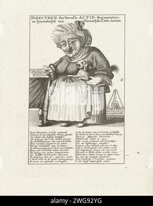 Caricature de nain et de Windhandel, 1720, 1770 - 1780 imprimer Un nain comme une vieille femme avec un chien sur le bras, avec légende en deux colonnes. Numéroté 4. Imprimé à partir d'une grande plaque sur laquelle les quatre représentations sont numérotées 1-4. Imprimer 26/4 dans la série la Grande scène de folie avec des dessins animés sur le Windhandel ou action Trade de 1720. Nord des pays-Bas gravure de papier / gravure de petites personnes. caricatures (types humains) Banque D'Images