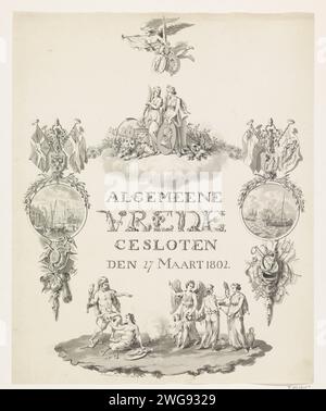 Allégorie et calligraphie sur la paix d'Amiens, 1802, Reinier Zijnsenis, 1802 dessin allégorie sur la paix fermée à Amiens le 27 mars 1802, entre la République batave et la France et la Grande-Bretagne. Au-dessus du titre calligraphique se trouvent la paix et la fermeté (avec un portrait de Napoléon). Au-dessus de ce groupe, la renommée vole avec la branche de palmier et les armes de la République française et de la Grande-Bretagne. Au fond, la force bat la tromperie et la vertu dirige la richesse et la science vers la paix. Sur les côtés, les conséquences de la paix. A gauche l'épanouissement du commerce et de l'agriculture, Banque D'Images