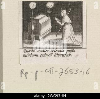 Prière sur une tombe du Sacré Hyacinthus van Poland, anonyme (peut-être), d'après Johann Sadeler (I), 1595 - 1600 imprimer Une tombe du H. Hyacinthus de Pologne avec une bougie de chaque côté. Un pèlerin prie sur la tombe. L'impression fait partie d'une série de dix-huit parties qui forme un cadre autour d'une image de H. Hyacinthus van Polen. Venise gravure sur papier le frère dominicain Hyacinthe(US) de Pologne ; attributs possibles : livre, lys, monstrance (ou ciborium), statue de la Vierge - occurrences post-mortem  saint mâle. tombe, tombe. pèlerin(s). une personne priant Banque D'Images