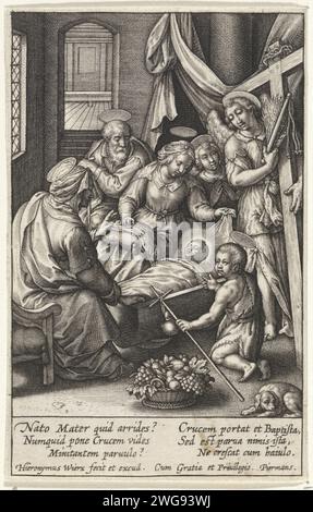 Christkind dort à de Wieg, Hieronymus Wierix, 1563 - avant 1619 imprimer l'enfant Christ dort paisiblement dans son berceau. Sur la tête de lit deux anges, dont l'un avec les outils de passion. Maria, Joseph, Elisabet et le jeune Johannes le Baptiste sont autour du berceau. Au premier plan un panier avec des fruits et un chien. Dans la marge, une légende de six lignes, en deux colonnes, en latin. Anvers gravure sur papier Sainte famille avec Jean Baptiste, Elisabeth présente (+ ange(s)). berceau, berceau. Instruments uniques de la passion. chien Banque D'Images