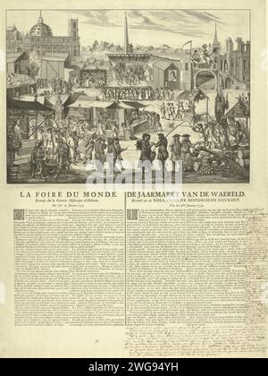 Le marché annuel comme allégorie à la situation politique de l'Europe en l'an 1739, 1739 impression extensive performance d'un marché annuel comme allégorie à l'état politique de l'Europe en l'an 1739. Marché avec toutes sortes, en partie allégorique, stands avec des marchandises, du théâtre et des jeux qui se réfèrent à des événements politiques et des gens. Sur le magazine sous la plaque textes en français et allemand avec une déclaration de l'émission. Une explication manuscrite supplémentaire de l'image dans la marge. Nord des pays-Bas gravure sur papier / gravure / impression typographique (annuelle) foire, salon professionnel Banque D'Images