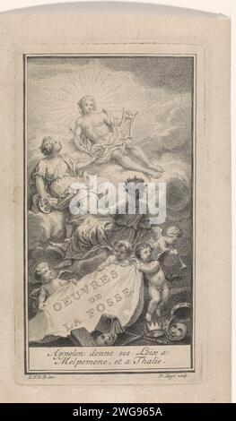 Apollon met Melpomène dans Thalia, Pieter Tanjé, d'après Louis Fabritius Dubourg, 1716 - 1761 imprimer Apollon comme dieu soleil sur les nuages avec Melpomène, Muze de la Treurspel et Thalia, muse de la comédie. Page de titre des oeuvres rassemblées par Antoine de la Fosse. Amsterdam papier gravure / gravure Apollo et les Muses, Apollo Musagetes. Melpomène (une des Muses) ; 'Melpomène' (Ripa). Thalia (une des Muses) ; 'Talia' (Ripa) Banque D'Images
