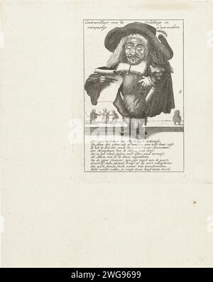 Caricature de Dwarf et de Windhandel, 1720, 1770 - 1780 imprimer Dwarf avec chapeau lisant un rouleau de papier. Caricature des figures dans le commerce éolien. Numéroté 8. Imprimé à partir d'une grande plaque sur laquelle les quatre représentations numérotées 5-8 sont gravées. Copie à imprimer 29/8 dans la série The Great Scene of Foolishness avec des dessins animés sur le commerce du vent ou le commerce de l'action de 1720. Nord des pays-Bas papier gravure de petites personnes. Caricatures (types humains) Vianen Banque D'Images