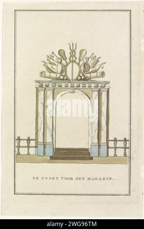 Poort, décoration pour l'entrepôt maritime, 1795, Noach van der Meer (II) (possible), 1795 imprimer porte avec trophée d'arme, décoration allégorique fondée pour le pays de l'entrepôt maritime à Amsterdam. Extrait du livret avec des images des décorations fondées dans la ville lors de la célébration de l'installation des représentants et de l'Alliance fermée entre la République française et la République batave, le 19 juin 1795. L'impression comprend une feuille volante avec une explication. Pays-Bas festivités de gravure sur papier sur des événements d'importance nationale (+ décoration festive  activités festives) Amsterdam. Land se Banque D'Images