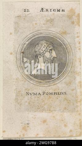 Portret van Numa Pompilius, Raphael Sadeler (2), 1623 estampe Kop van Numa Pompilius, le deuxième roi de Rome. À une monnaie antique de la période de l'Empire romain. Editeur : Munich Imprimeur : Ingolstadt gravure sur papier / letterpress printing coin. (Histoire de) Numa Pompilius - portrait de personne de l'histoire classique Banque D'Images