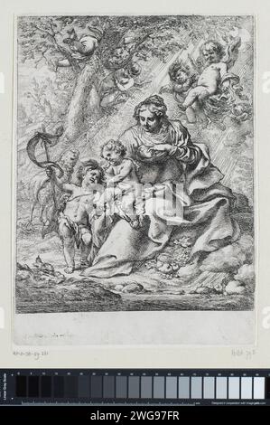 Madonna avec gentillesse et Johannes de Boper dans un paysage, Cornelis Schut (I), 1618 - 1655 print Maria est assise sur le sol sous un arbre avec l'enfant Christ sur ses genoux. Le jeune Jean-Baptiste se tient à côté d'elle. Il tient une bannière de victoire dans sa main. Avec son autre main, il tient le pied de l'enfant. Au-dessus de Maria deux putti et un chérubin, deux putti dans l'arbre. Papier gravure Marie et le Christ-enfant avec Jean le Baptiste (comme enfant) Banque D'Images