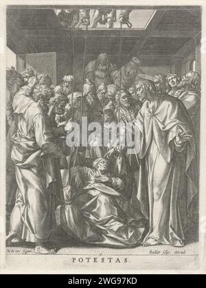 Guérison d'un paralysé : puissance, Johann Sadeler (I), après Maerten de vos, 1585 - 1588 imprimer le Christ guérit l'homme paralysé qui est abaissé par un toit. La quatrième gravure d'une série de huit parties avec des scènes de la vie du Christ qui dépeignent ses vertus les plus importantes. München puissance de gravure sur papier, 'Potestass'  l'un des sept dons de l'âme. Un paralytique est laissé tomber par le toit de la maison où Christ prêche Banque D'Images