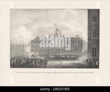 Attaque contre les troupes néerlandaises à Anvers, 1830, Anonyme, 1830 - 1831 imprimer première attaque de la bourgeoisie contre les troupes néerlandaises pour la mairie d'Anvers, le 25 octobre 1830. Partie d'un groupe d'estampes de diverses autres séries liées aux documents du Recueil sur les événements de la Révolution belge à Bruxelles, Anvers et d'autres villes dans la période du 25 août 1830 au 27 mars 1831. Bagarres de rue du papier bruxellois, émeutes à Anvers. Mairie Banque D'Images