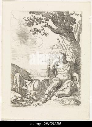 Le fils perdu comme cochon entendu, Theodoor van Thulden, 1616 - 1669 imprimer le fils perdu comme un porkharde assis sous un arbre. Anvers gravure sur papier / gravure le fils prodigue s'occupe des porcs et mange de leur auge Banque D'Images