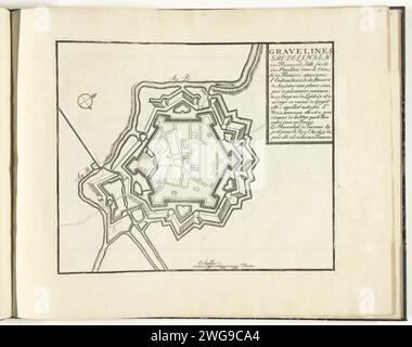 Plan de Gravelines, ca. 1693-1696, 1693 - 1696 imprimer carte des renforts pour la ville flamande de Gravelines (Grevelingen). Fait partie de la première partie de l'œuvre imprimée : le Théâtre de la Guerre, dans les pays-Bas, publié en 1696. Cette partie contient 25 planches avec des plans (de Sébastien le Prestre, Seigneur de Vauban) de villes fortes et forteresses renommées dans la guerre de neuf ans aux pays-Bas. Titre et inscriptions en français. Imprimeur : Francepublisher : Paris papier gravure cartes des villes. Forteresse Grevelingen Banque D'Images