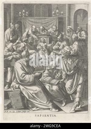 Christ au milieu des enseignants : sagesse, Johann Sadeler (I), après Maerten de vos, 1585 - 1588 imprimer le Christ de douze ans entre les scribes dans le temple. La troisième impression d'une série de huit parties avec des scènes de la vie du Christ qui dépeignent ses vertus les plus importantes. Papier de Cologne gravant la dispute du Christ avec les médecins dans le temple ; il compte ses arguments sur ses doigts. Sagesse, 'Sapientia'  l'un des sept dons de l'âme Banque D'Images